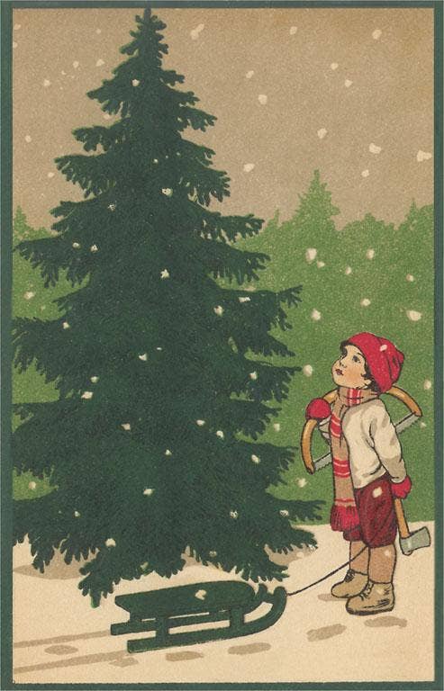 Boy Watching Tree in Snow - Vintage Image, Found Image Postcard