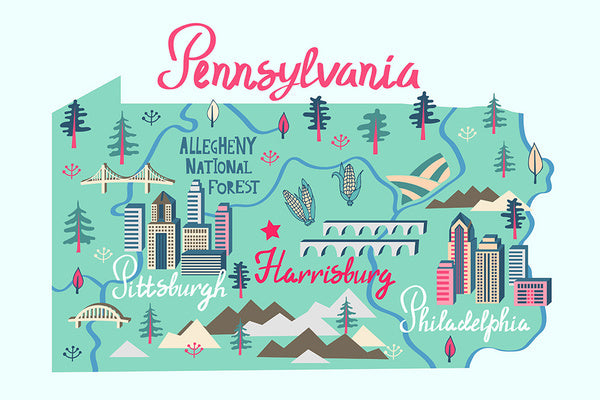 Pennsylvania - State and Icon - Line Drawing - Lantern Press Postcard