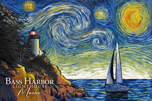 Maine - Bass Harbor Lighthouse - Starry Night - Lantern Press Postcard
