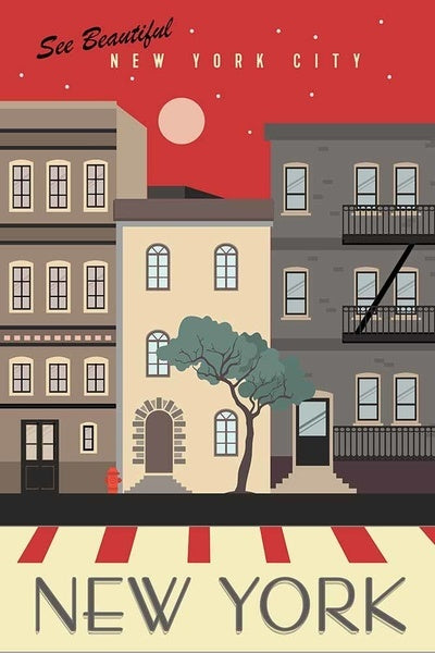 New York City, New York - Brownstones - Street Vector - Lantern Press Postcard