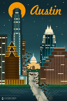 Austin, Texas - Retro Skyline - Lantern Press Postcard