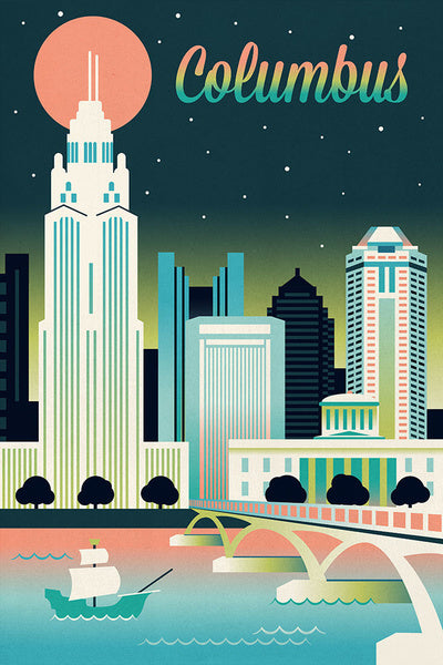 Columbus, Ohio - Retro Skyline Chromatic Series - Lantern Press Postcard