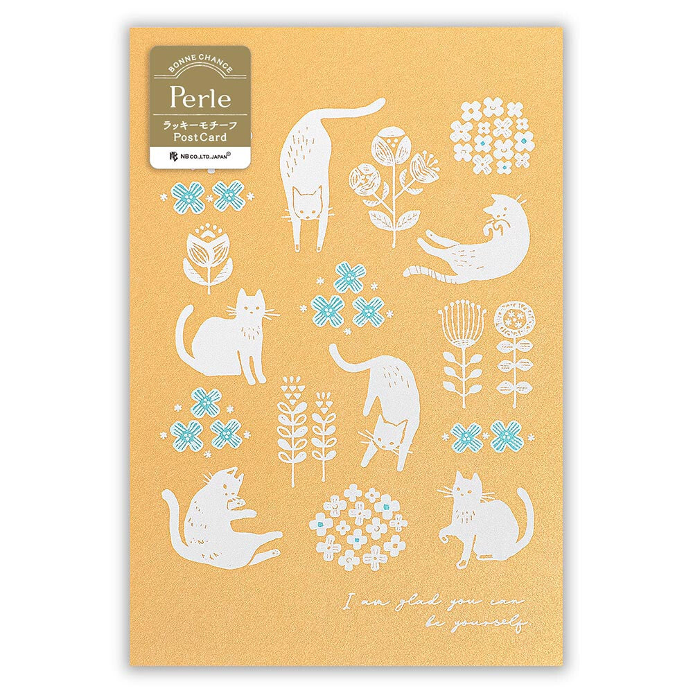 White Cat and Flowers - pearlescent postcard - NB.co