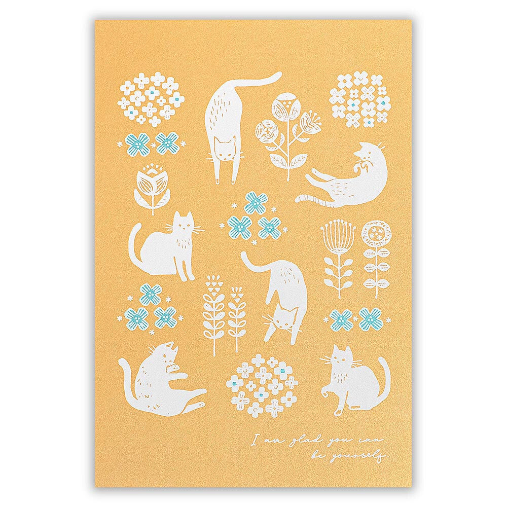 White Cat and Flowers - pearlescent postcard - NB.co