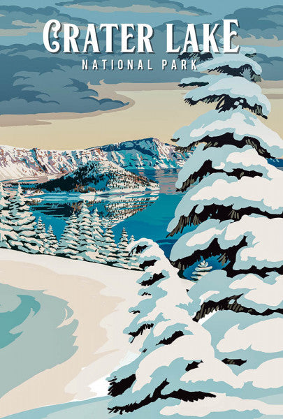 Crater Lake National Park, Oregon - Winter - Painterly National Park Series - Lantern Press Postcard