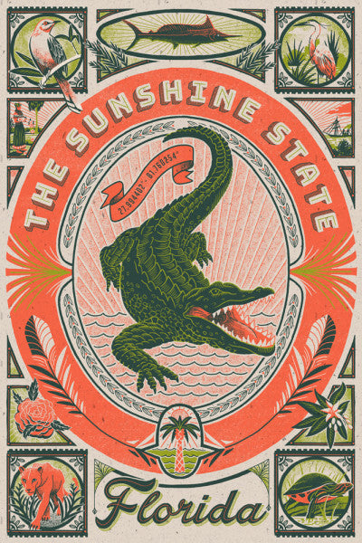 Florida - Woodcut Menagerie Series - The Sunshine State - Lantern Press Postcard