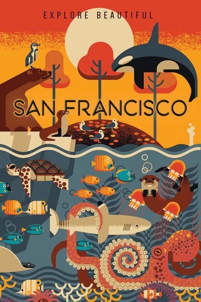 San Francisco, California - Marine Animals - Geometric - Lantern Press Postcard