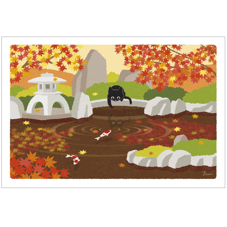 Koi in the garden - Tabineko Traveling Cat postcards - Autumn