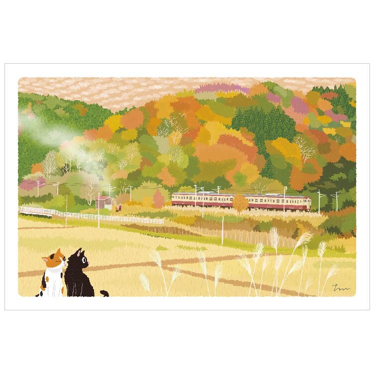 Autumn Color Patchwork - Tabineko Traveling Cat postcards - Autumn