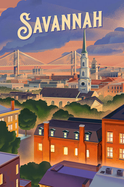 Savannah, Georgia - Skyline - Lithograph - Lantern Press Postcard