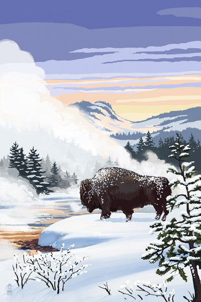 Bison Snow Scene - Lantern Press Postcard