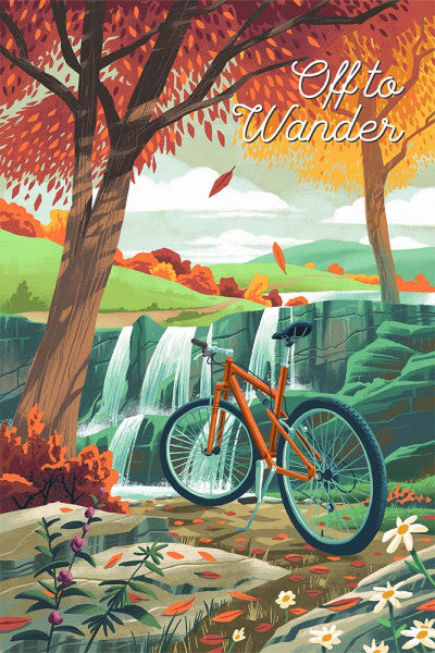 Off To Wander - Cycling with Hills - Fall Colors - Lantern Press Postcard