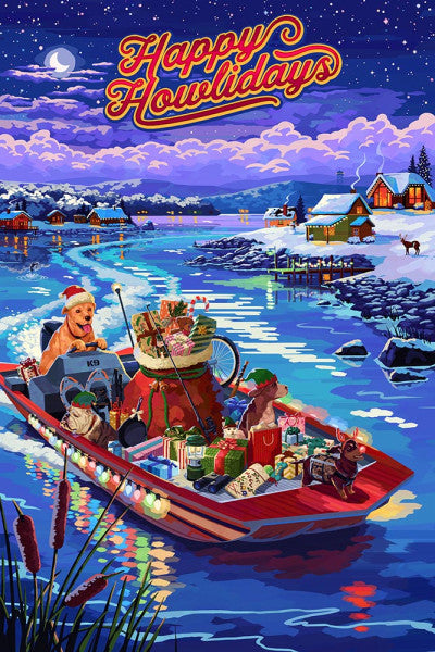 Happy Howlidays - Painterly - Santa Dog & Helpers - Lantern Press Postcard