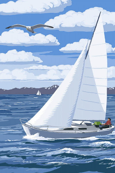 Painterly - Sloop Sailboat & Lake - Lantern Press Postcard