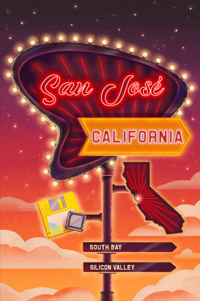 San Jose, California - Neon Road Sign - Lantern Press Postcard