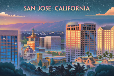 San Jose, California - Lithograph - Skyline at Dusk - Lantern Press Postcard