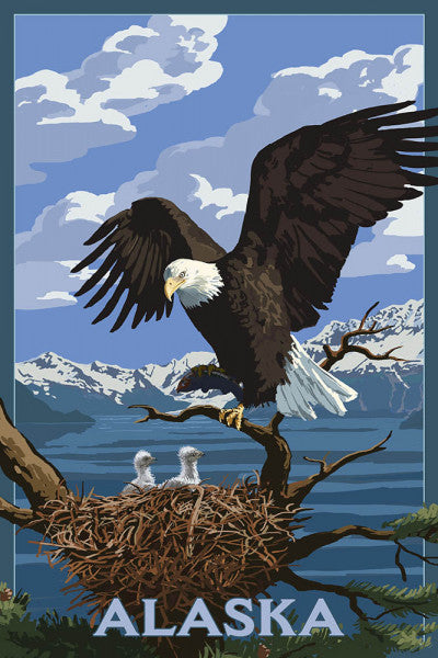 Alaska - Painterly - Bald Eagle & Chicks - Lantern Press Postcard
