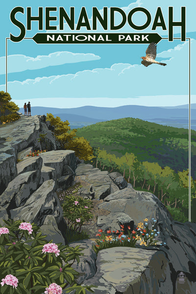 Shenandoah National Park, Virginia - Hikers & Hawk - Lantern Press Postcard