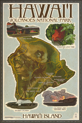 Hawaii Volcanoes National Park - Map of Hawaii - Lantern Press Postcard