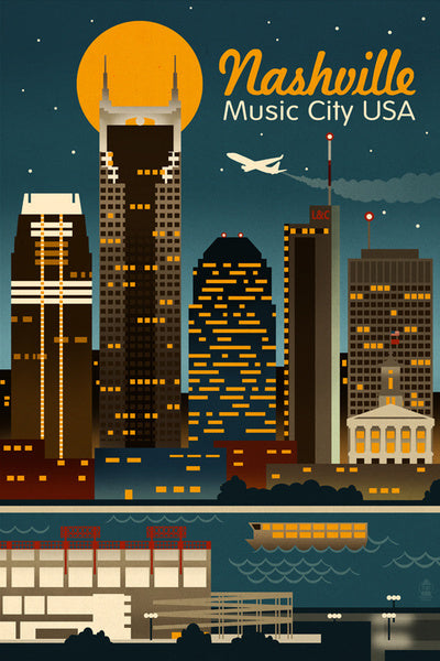 Nashville, Tennessee - Retro Skyline - Lantern Press Postcard