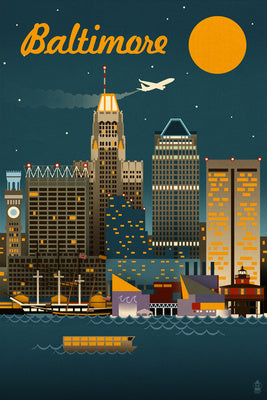 Baltimore, Maryland - Retro Skyline - Lantern Press Postcard