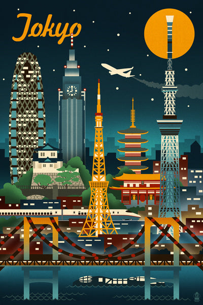 Tokyo, Japan - Retro Skyline - Lantern Press Postcard