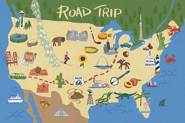 US Road Map - Lantern Press Postcard