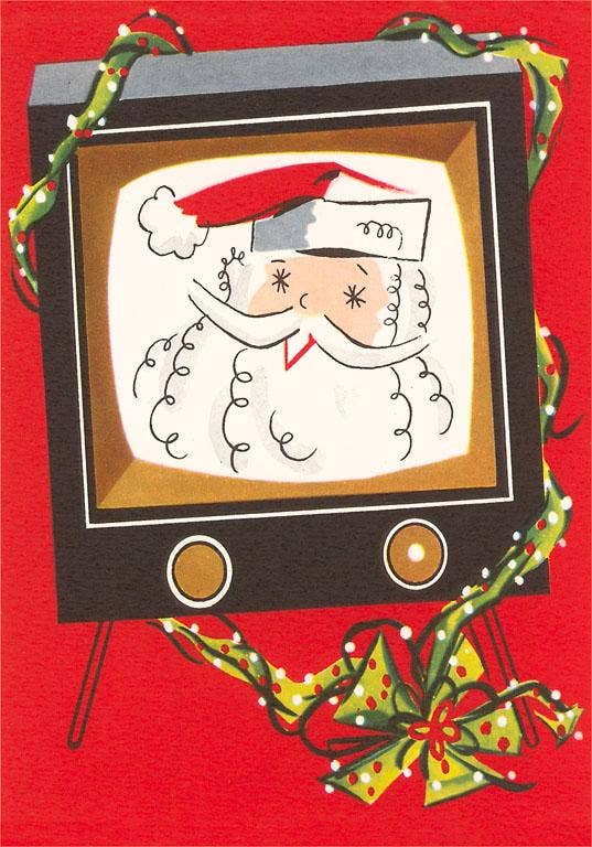 Star-Eyed Santa on TV, Illustration - Vintage Image, Found Image Postcard