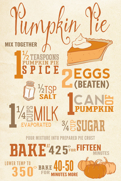 Pumpkin Pie Recipe - Typography - Lantern Press Postcard