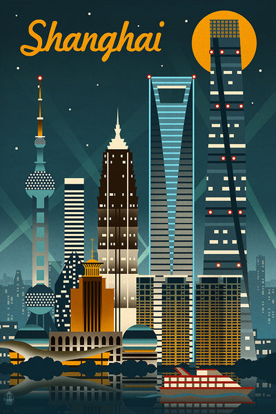 Shanghai, China - Retro Skyline - Lantern Press Postcard