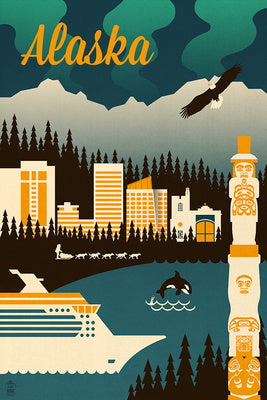 Alaska - Retro Skyline - Lantern Press Postcard
