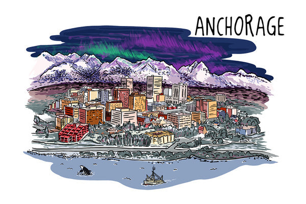 Anchorage, Alaska - Cityscape - Line Drawing - Lantern Press Postcard