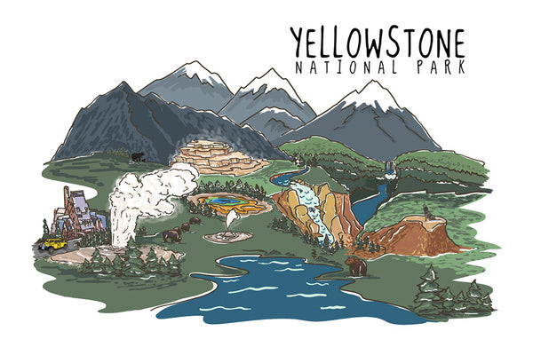 Yellowstone National Park - Line Drawing - Lantern Press Postcard