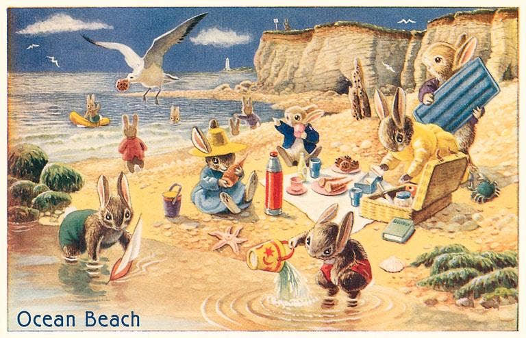 Rabbit Picnic, Ocean Beach - Found Image postcard
