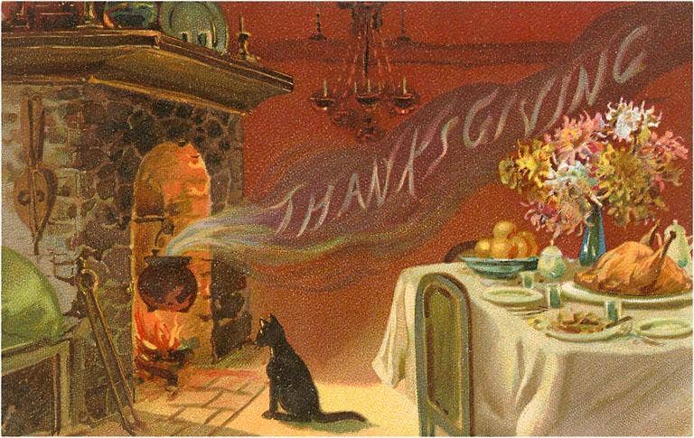 Thanksgiving Smoke Coming out of Fireplace - Vintage Image, Found Image Postcard