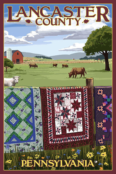 Lancaster County, Pennsylvania - View with Quilts on Fence - Lantern Press Postcard