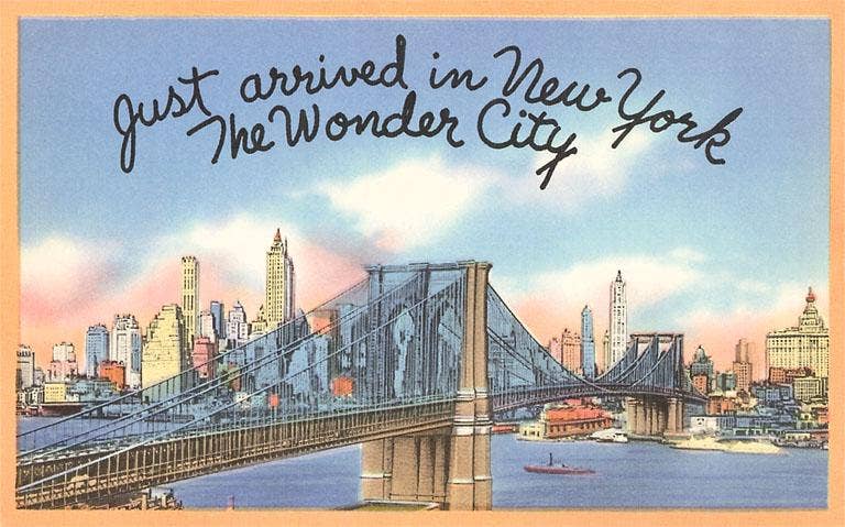 Just Arrived in New York, Brooklyn Bridge - Vintage Image, Found Image Postcard