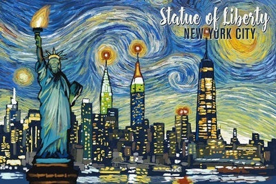 New York City, New York - Statue of Liberty - Starry Night City Series - Lantern Press Postcard