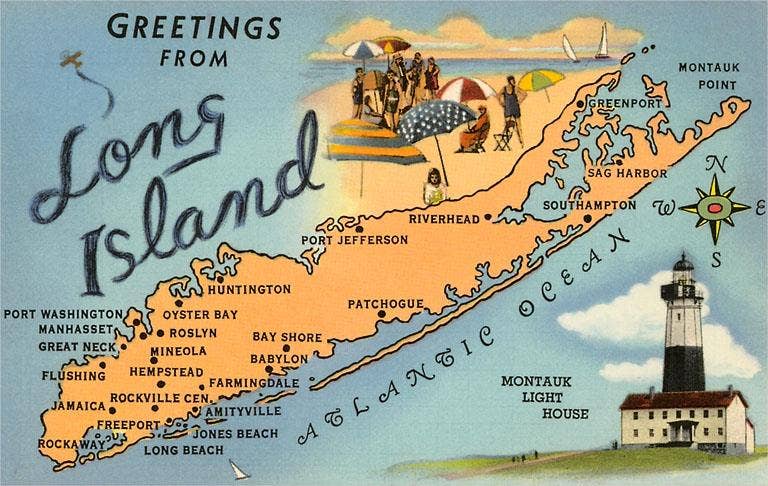 Greetings from Long Island, New York, Map - Found Image postcard