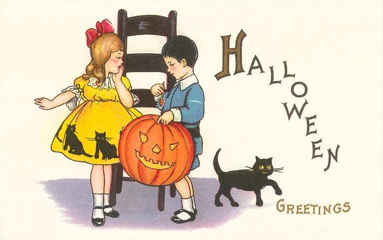 Halloween, Children with Jack O'Lantern - Vintage Image, Found Image Postcard