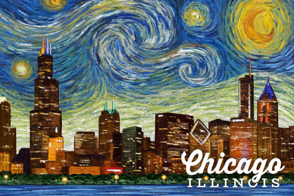 Chicago, Illinois - Starry Night - Lantern Press Postcard