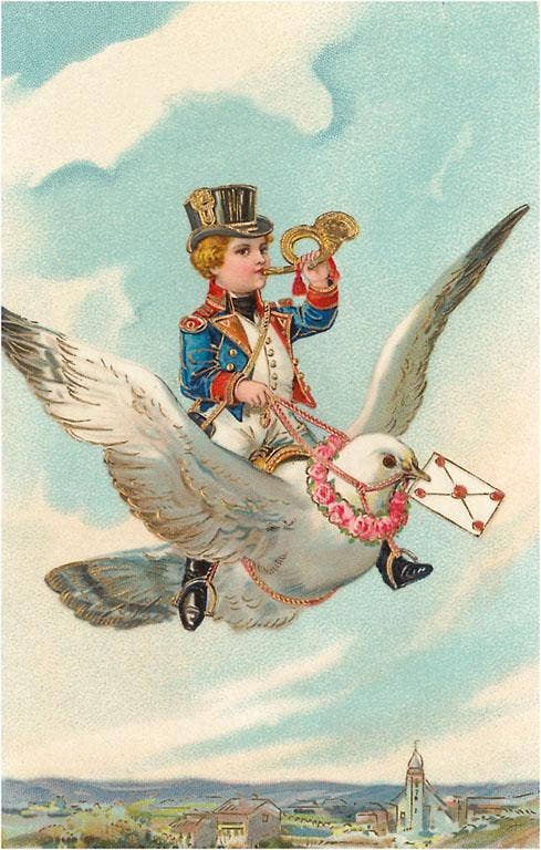 Boy Riding on Dove with Letter - Vintage Image, Postcard