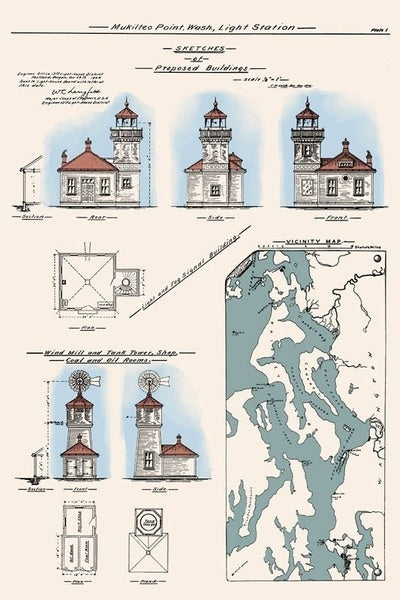 Mukilteo Lighthouse, Washington - Technical Drawing- Lantern Press Postcard