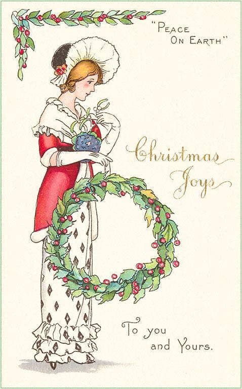 Christmas Joys, Victorian Lady with Wreath - Vintage Image, Postcard