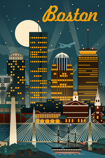 Boston, Massachusetts - Retro Skyline - Lantern Press Postcard