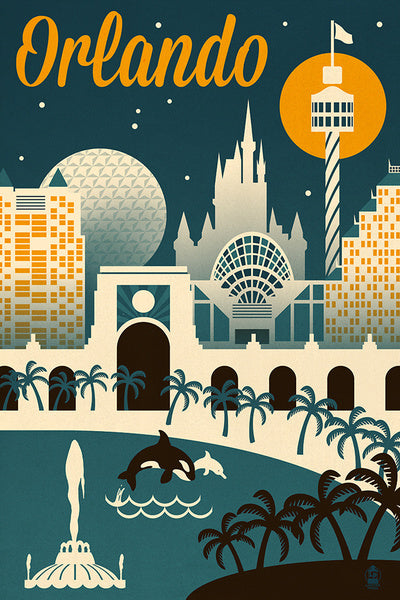 Orlando, Florida - Retro Skyline - Lantern Press Postcard