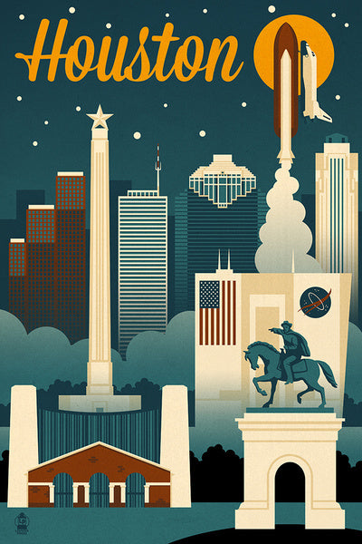Houston, Texas - Retro Skyline - Lantern Press Postcard