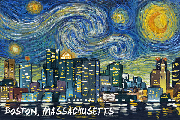 Boston, Massachusetts - Starry Night City Series - Lantern Press Postcard