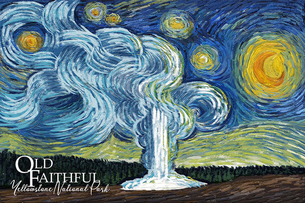 Yellowstone National Park - Old Faithful - Starry Night National Park Series - Lantern Press Postcard