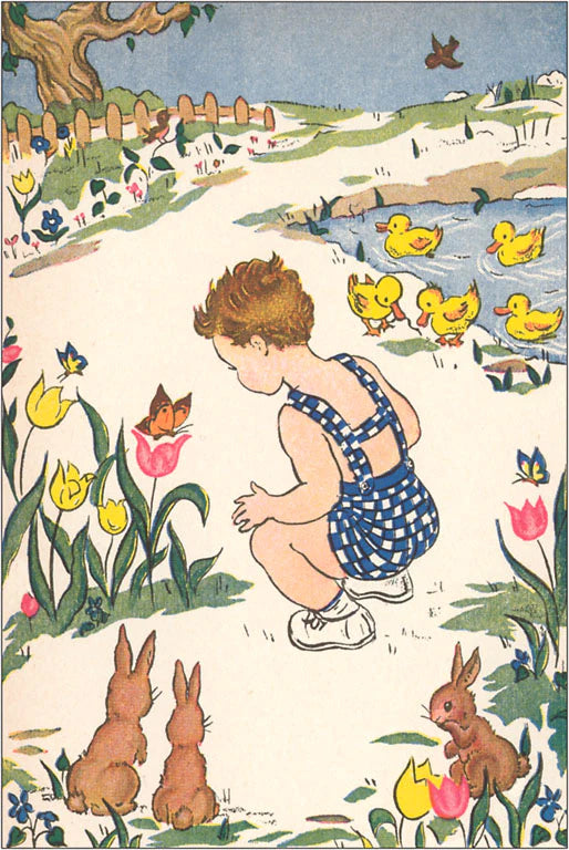 Child with Ducklings, Rabbits and Tulips - Vintage Image - Found Image postcard